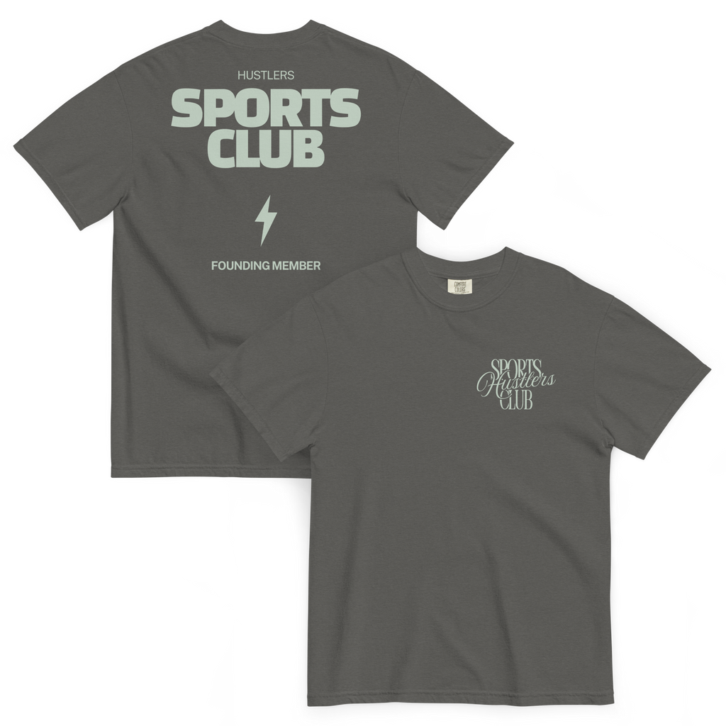 Two views of a dark gray t-shirt on a white background, showing the front and back designs. The back features 'HUSTLERS SPORTS CLUB' in light green block letters with a lightning bolt and 'FOUNDING MEMBER' text.