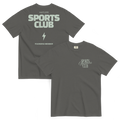 Two views of a dark gray t-shirt on a white background, showing the front and back designs. The back features 'HUSTLERS SPORTS CLUB' in light green block letters with a lightning bolt and 'FOUNDING MEMBER' text.