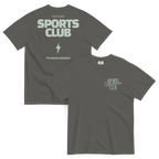 Two views of a dark gray t-shirt on a white background, showing the front and back designs. The back features 'HUSTLERS SPORTS CLUB' in light green block letters with a lightning bolt and 'FOUNDING MEMBER' text.