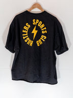 black hustlers sports club box tee with circular sports club seal on back