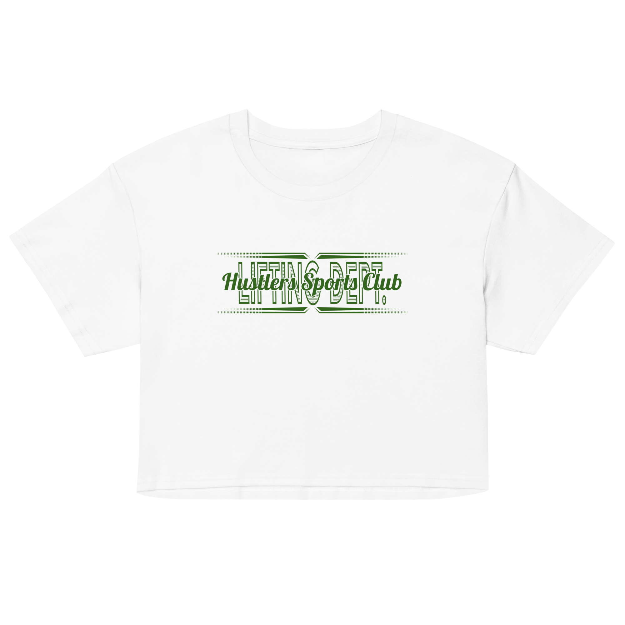 Hustlers Sports Club Lifting Dept. Crop in white — front view